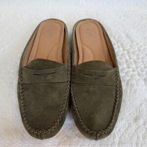 J Jill Womens Mule Flat Shoes Olive Green Leather Slip On Moc Penny Loafer Sz 7